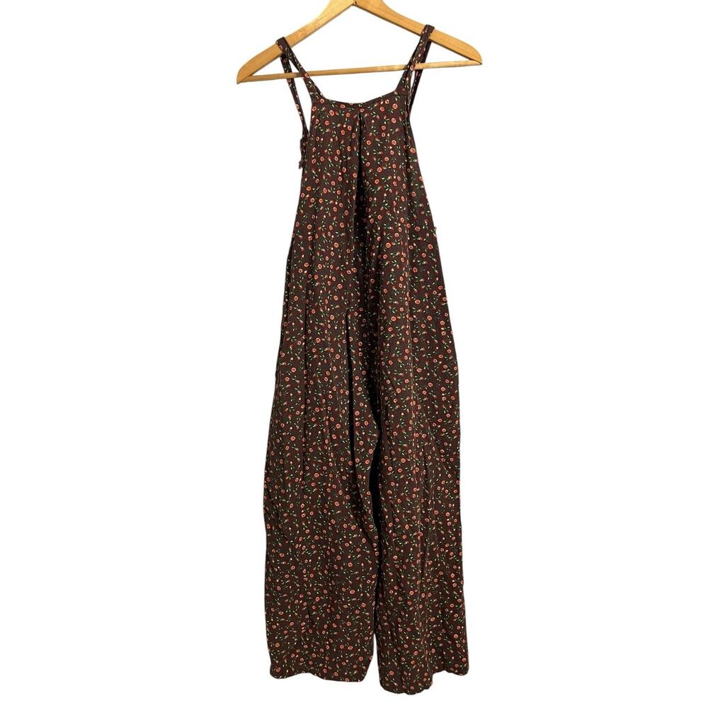 Floral Overall Jumpsuit Womens Large Brown Sleeveless Square Neck Pockets Boho - Picture 7 of 9